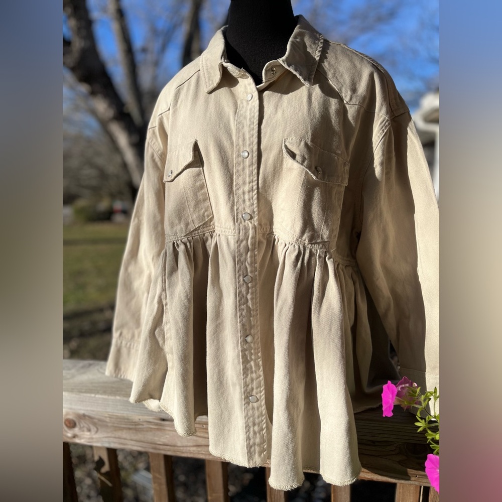 143 Story by Line Up Marie Chambray Beige Baby Doll Snap Button Shirt Jacket 2X